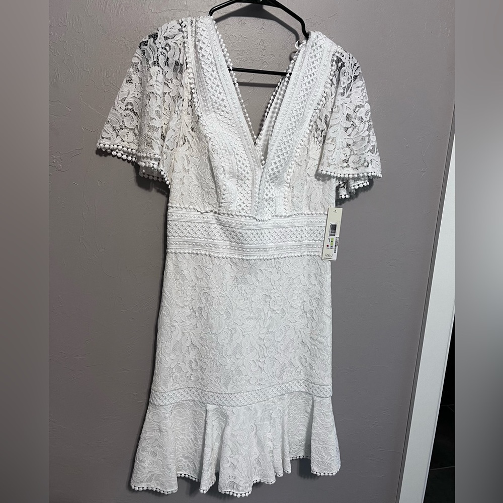 Eliza J NWT V-Neck Ruffled Flounce Sleeve Lace Knee Length Dress White Size 4